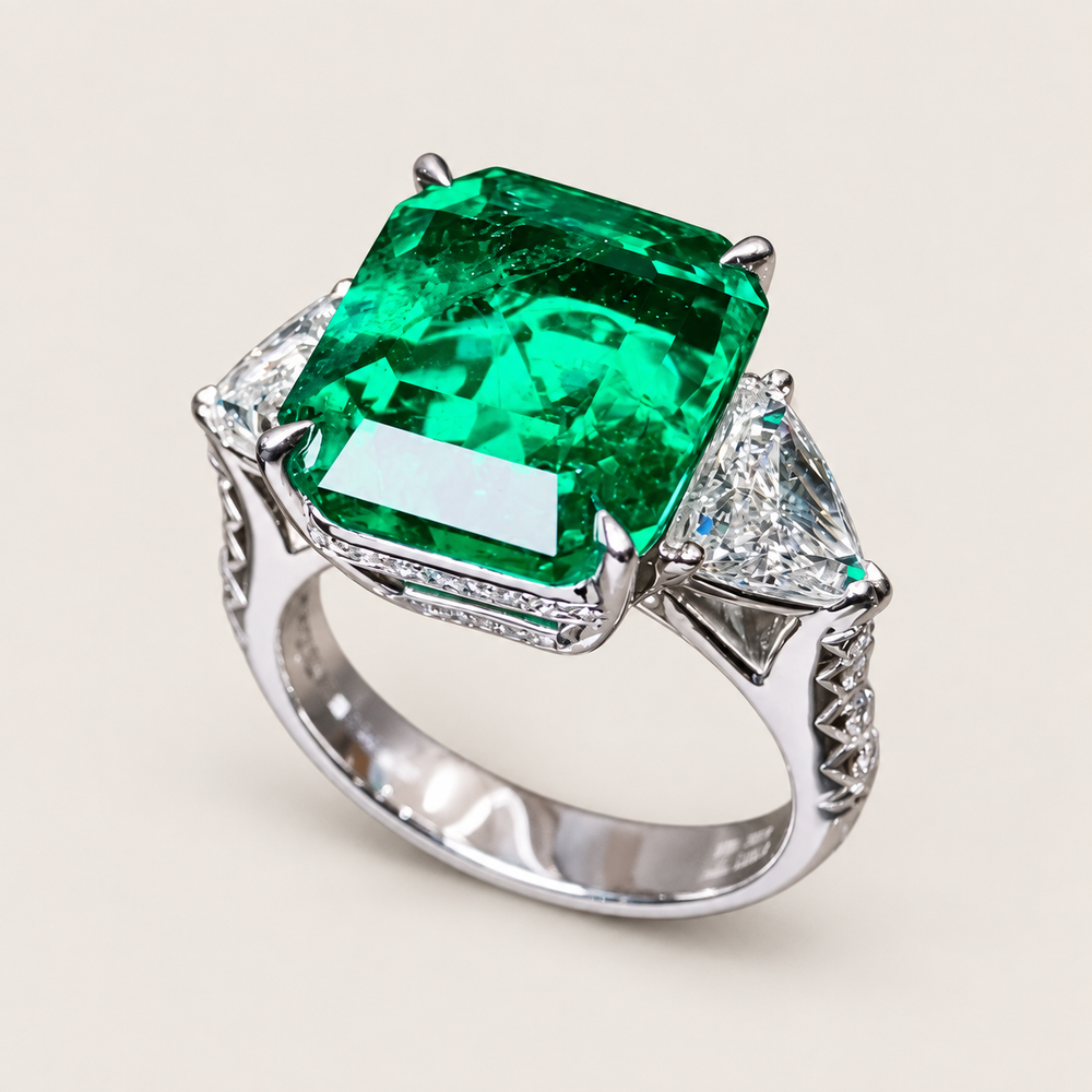 8.56 Carat Emerald and Diamond Three-Stone Ring