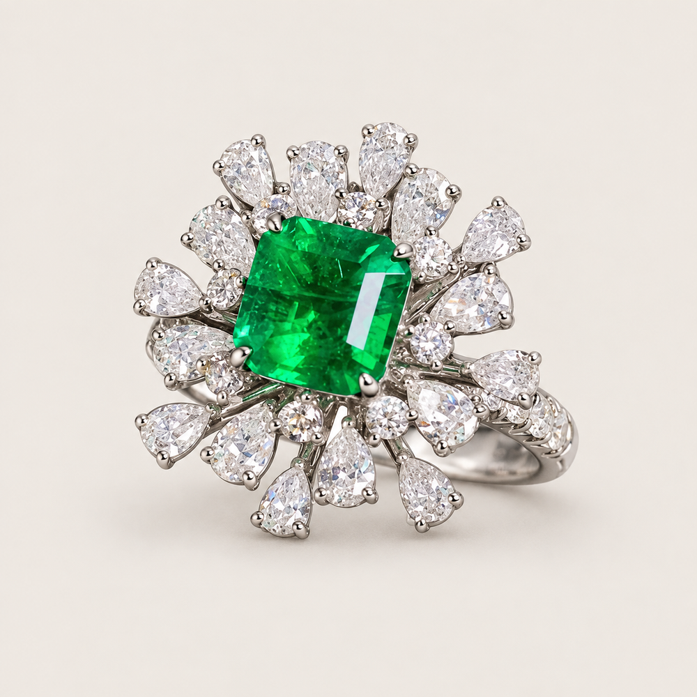 Certified Verdant Green Emerald & Diamond Statement Ring