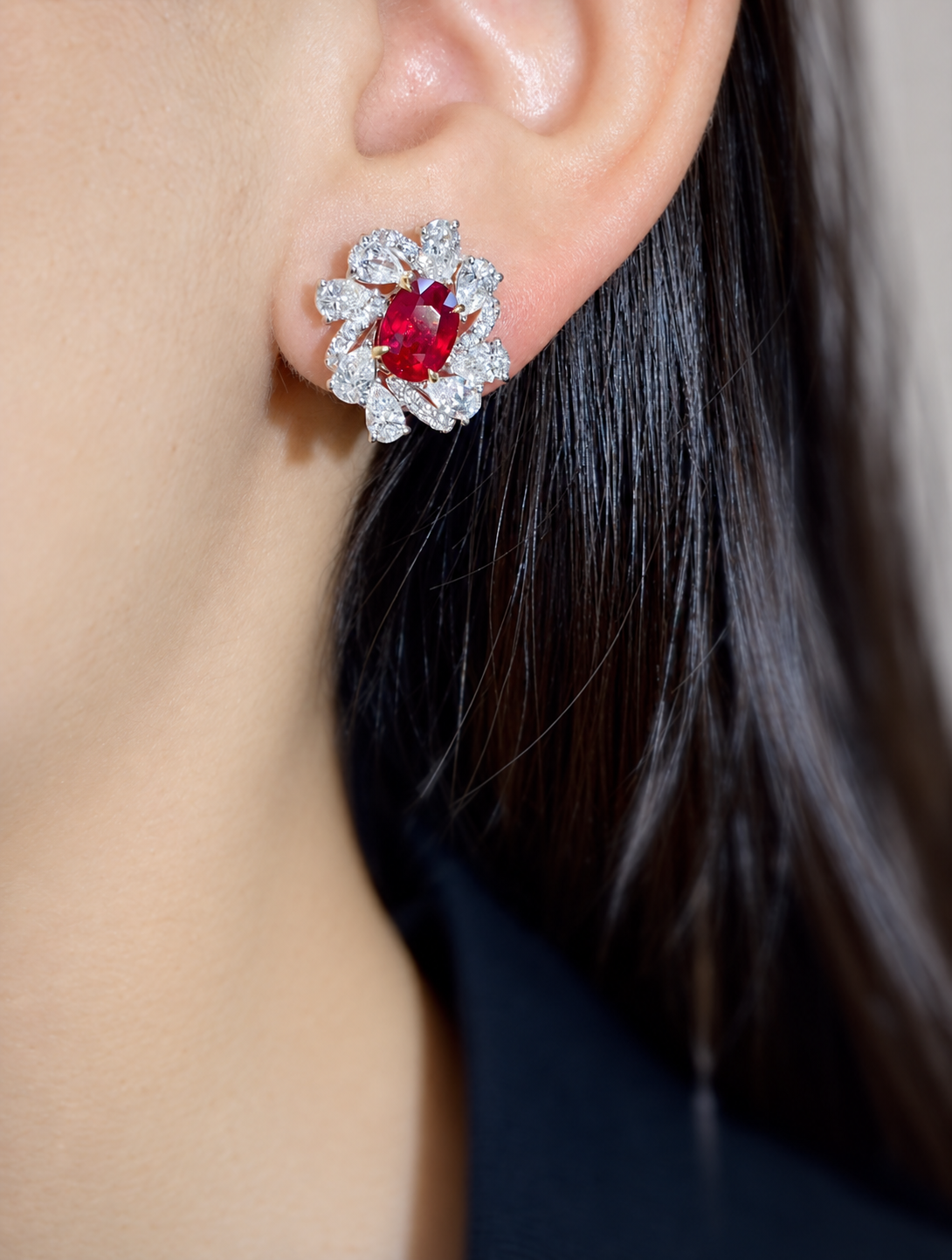 GRS Certified Burmese Pigeon Blood Ruby and Diamond Earrings, 2.16 Carats