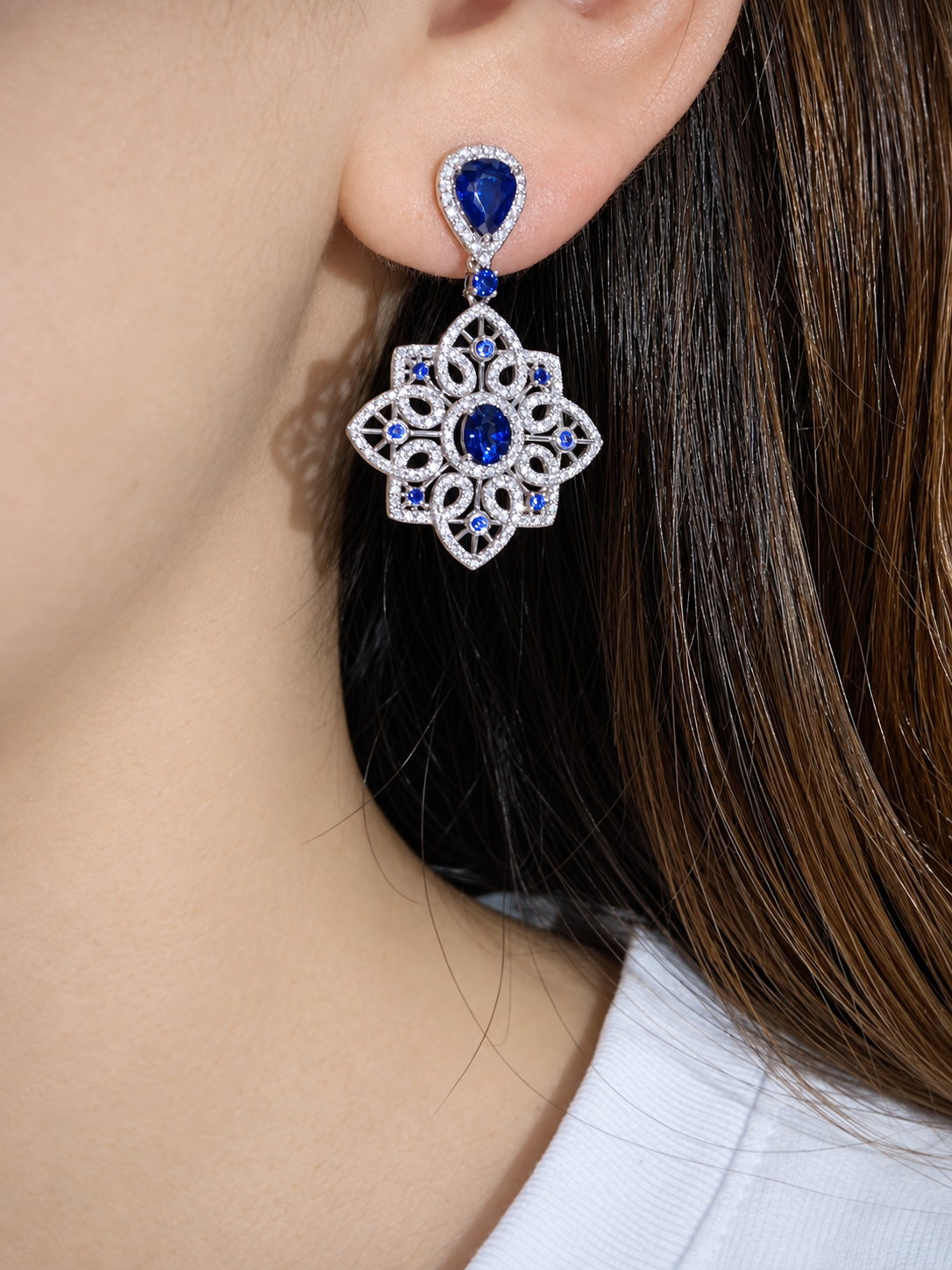 Lace-Inspired Sapphire and Diamond Drop Earrings