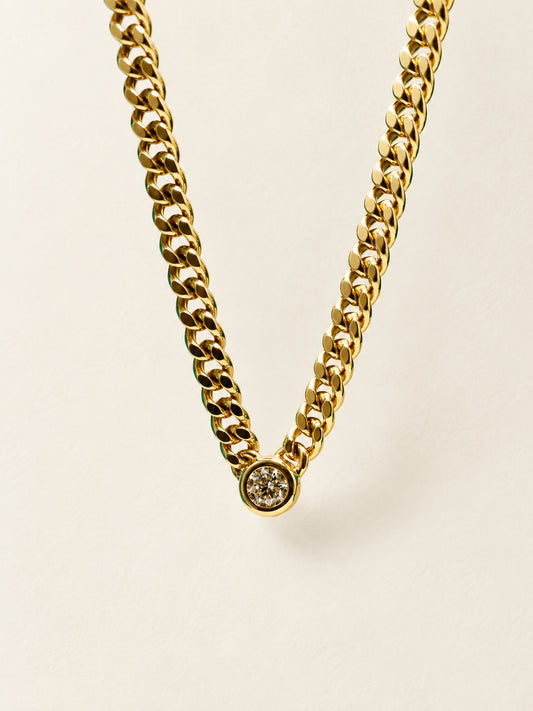Cuban Link Diamond Solitaire Necklace in 18k Yellow Gold
