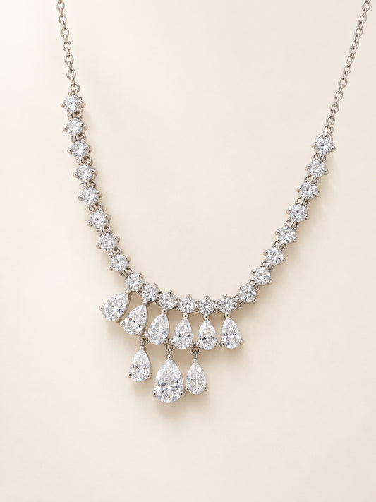 Round and Pear Shaped Diamond Raindrop Fringe Necklace in 18k White Gold