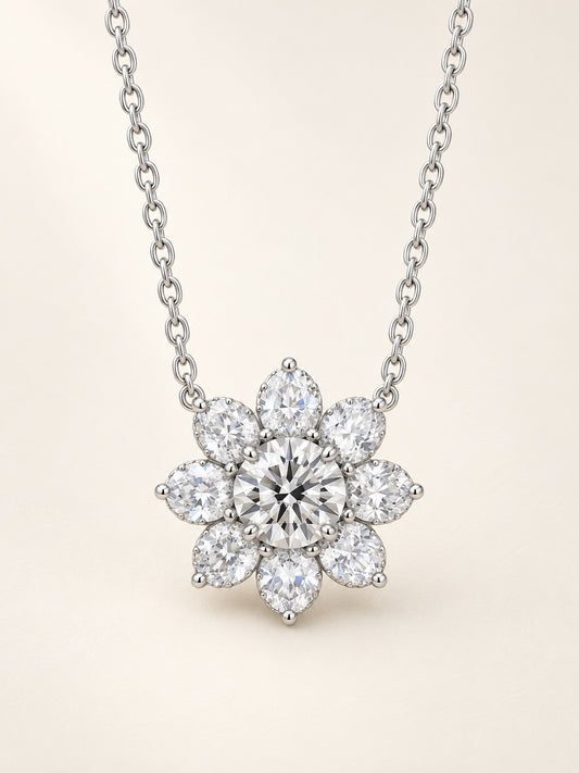 Round Diamond Sunflower Pendant Necklace and Earrings in 18k White Gold