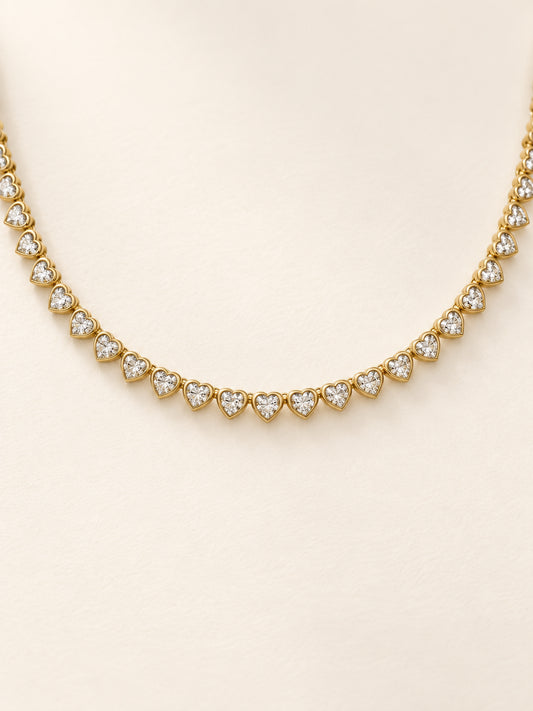 Heart Diamond Tennis Necklace in 18k Yellow Gold