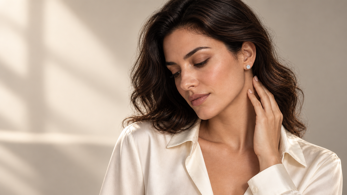 V Romance model wearing the LG_20Studs-2cttw stud earrings; AI styling illustration