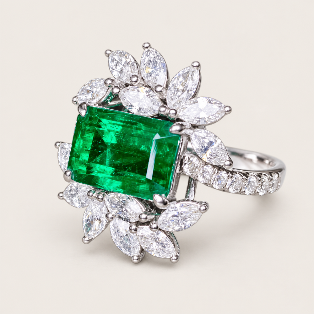 2.42 Carat Guild Certified Verdant Green Emerald and Diamond Ring