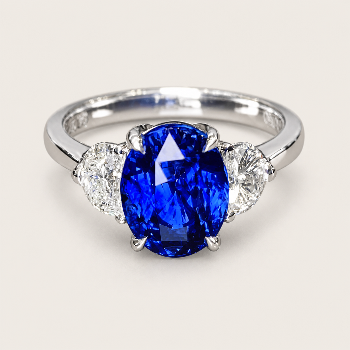4.06 CT No-Heat Royal Blue Sapphire and Diamond Three-Stone Ring
