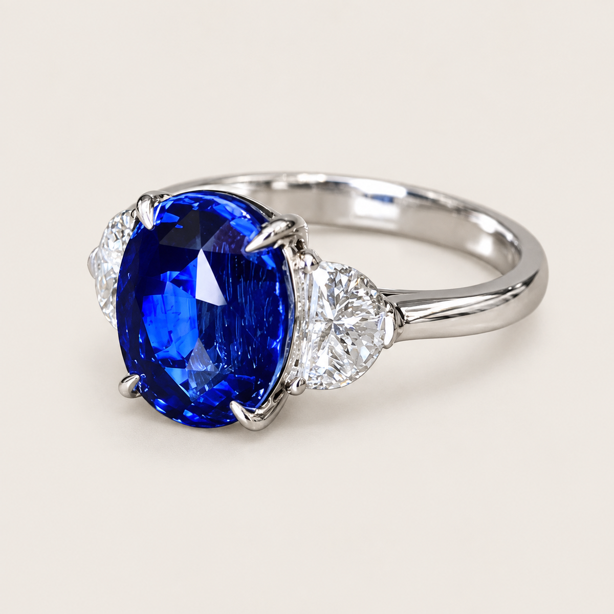 4.06 CT No-Heat Royal Blue Sapphire and Diamond Three-Stone Ring