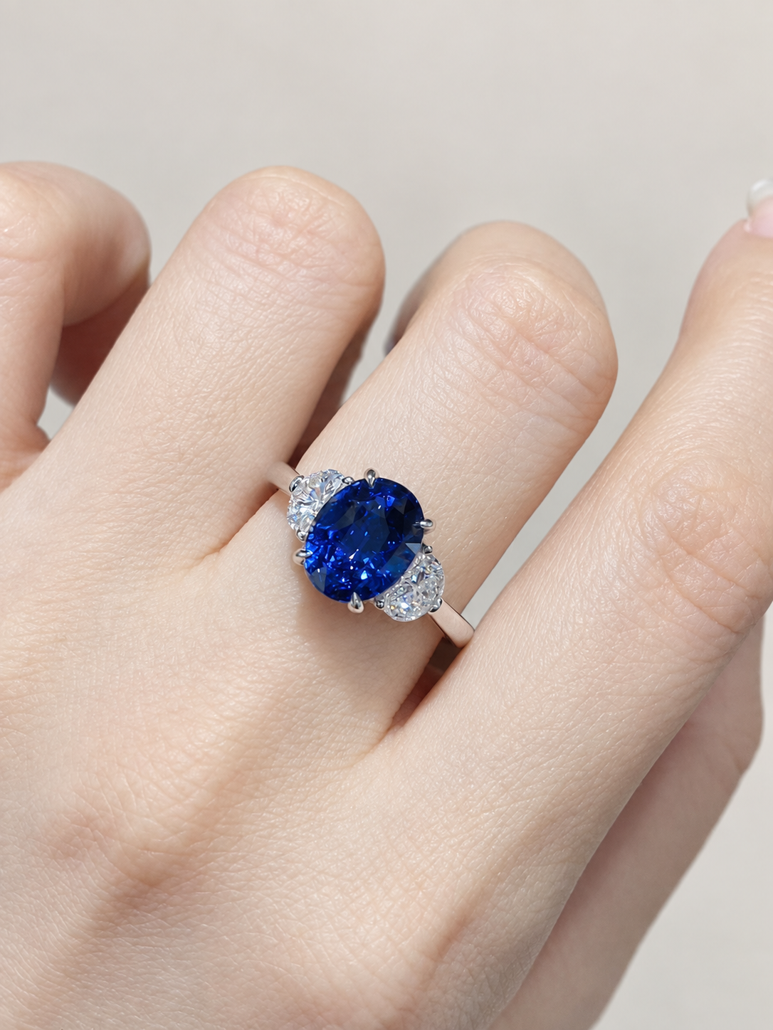 4.06 CT No-Heat Royal Blue Sapphire and Diamond Three-Stone Ring