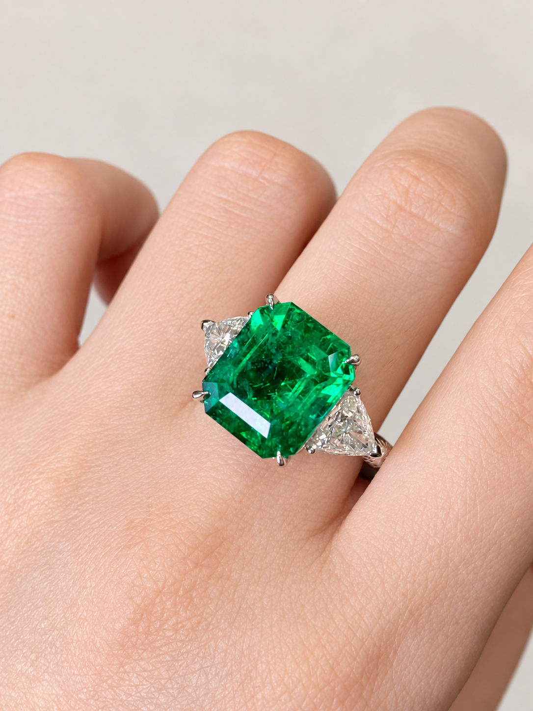 8.56 Carat Emerald and Diamond Three-Stone Ring