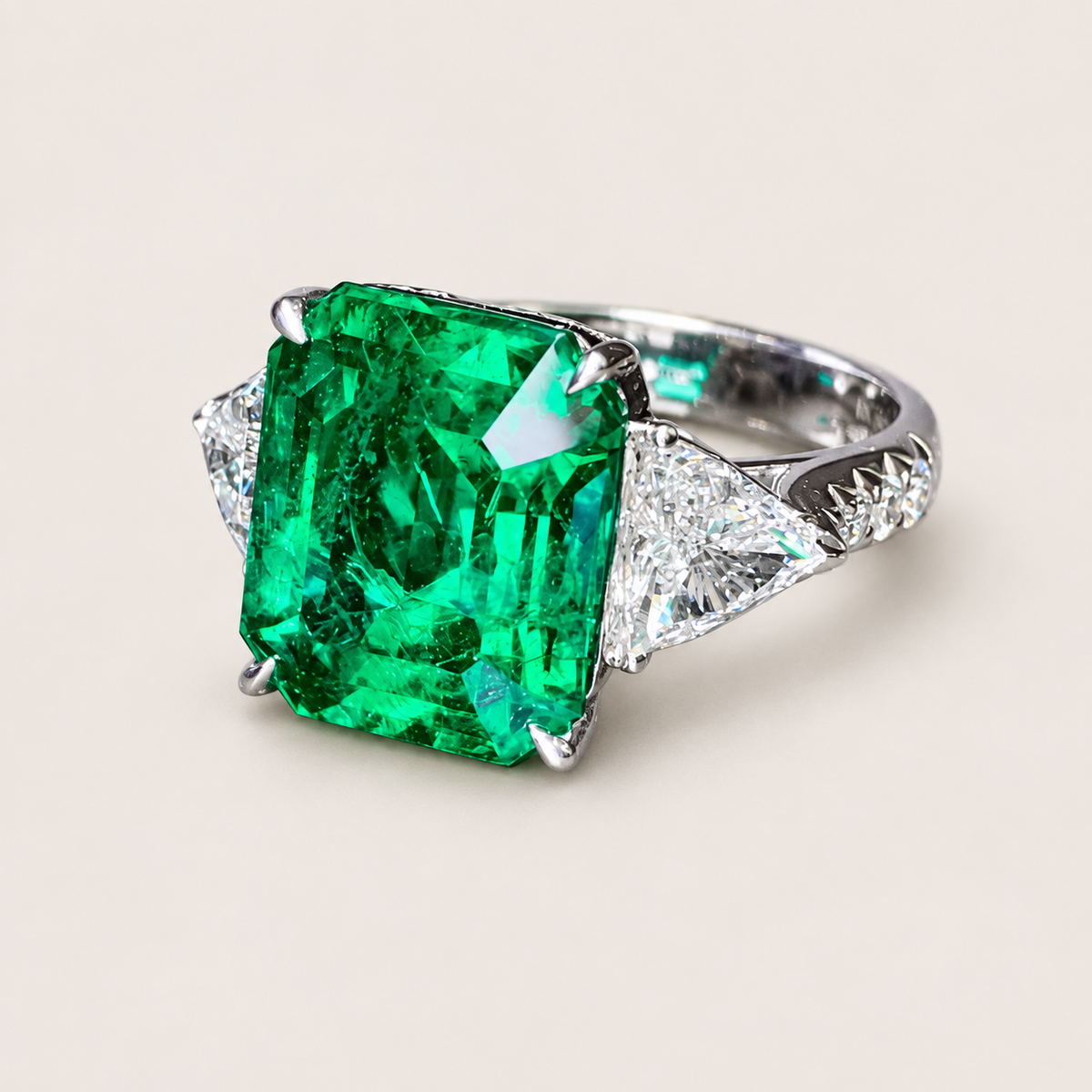 8.56 Carat Emerald and Diamond Three-Stone Ring