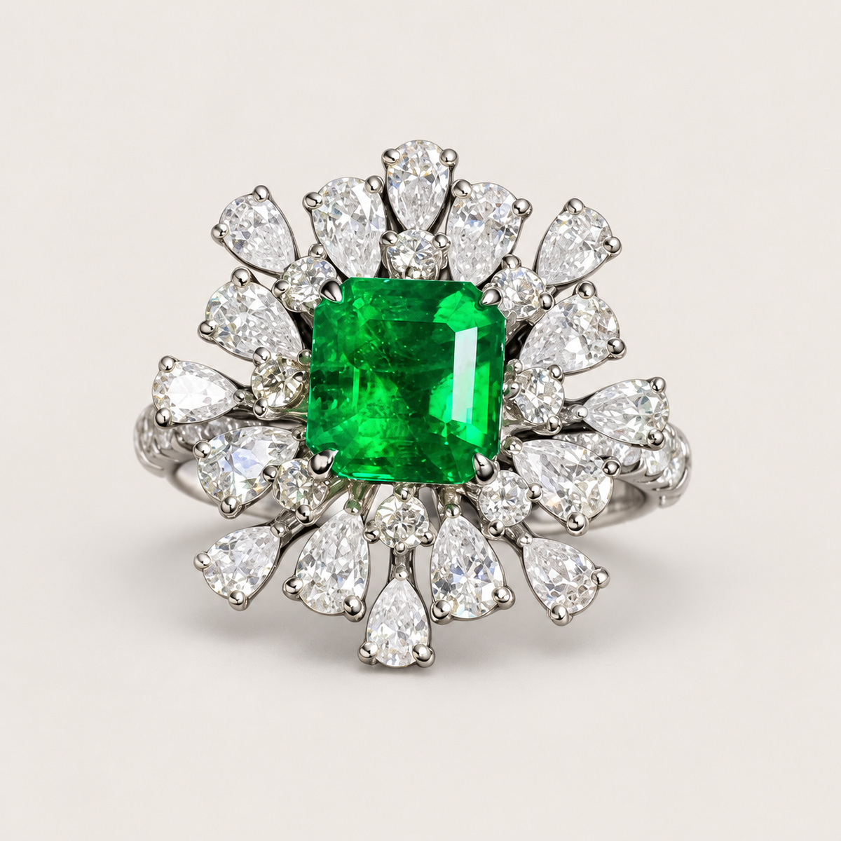 Certified Verdant Green Emerald & Diamond Statement Ring