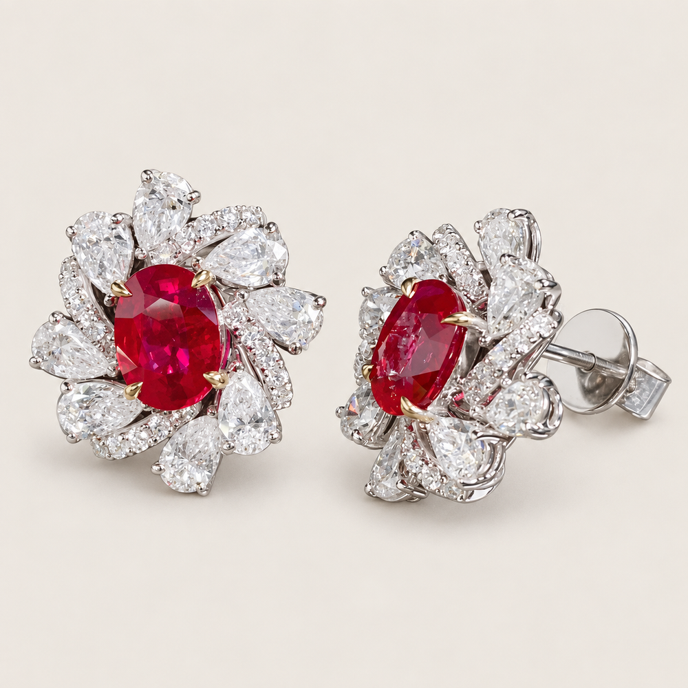 GRS Certified Burmese Pigeon Blood Ruby and Diamond Earrings, 2.16 Carats
