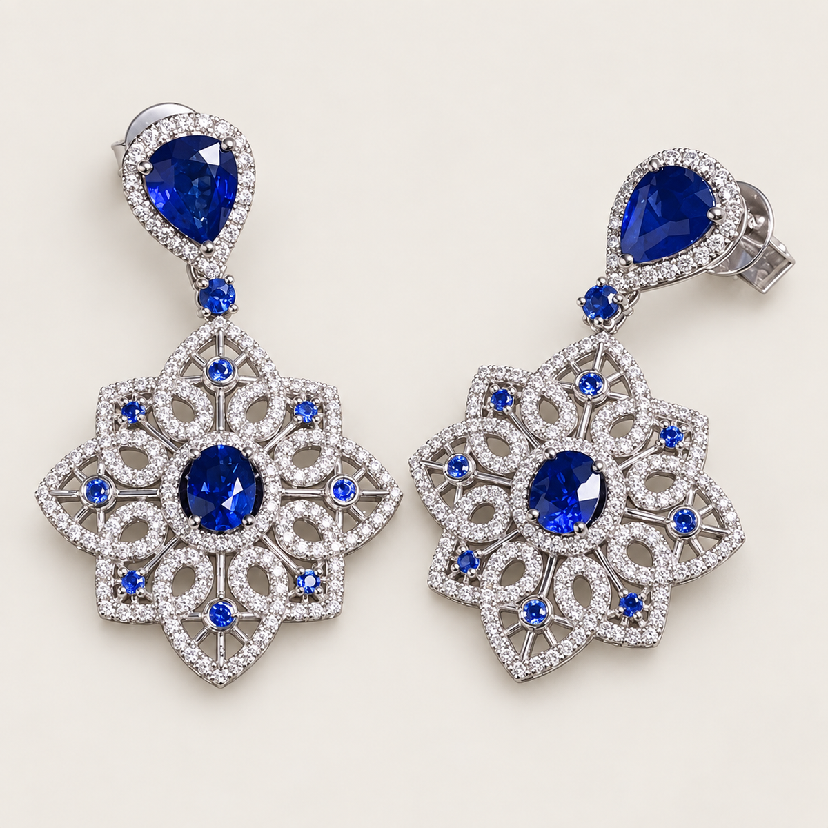 Lace-Inspired Sapphire and Diamond Drop Earrings