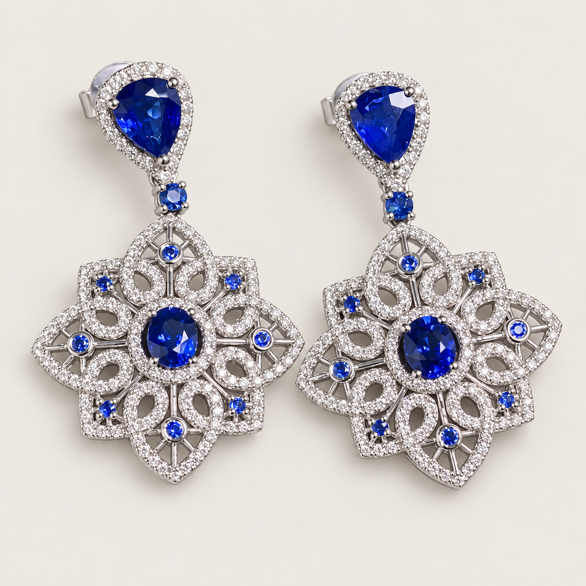 Lace-Inspired Sapphire and Diamond Drop Earrings