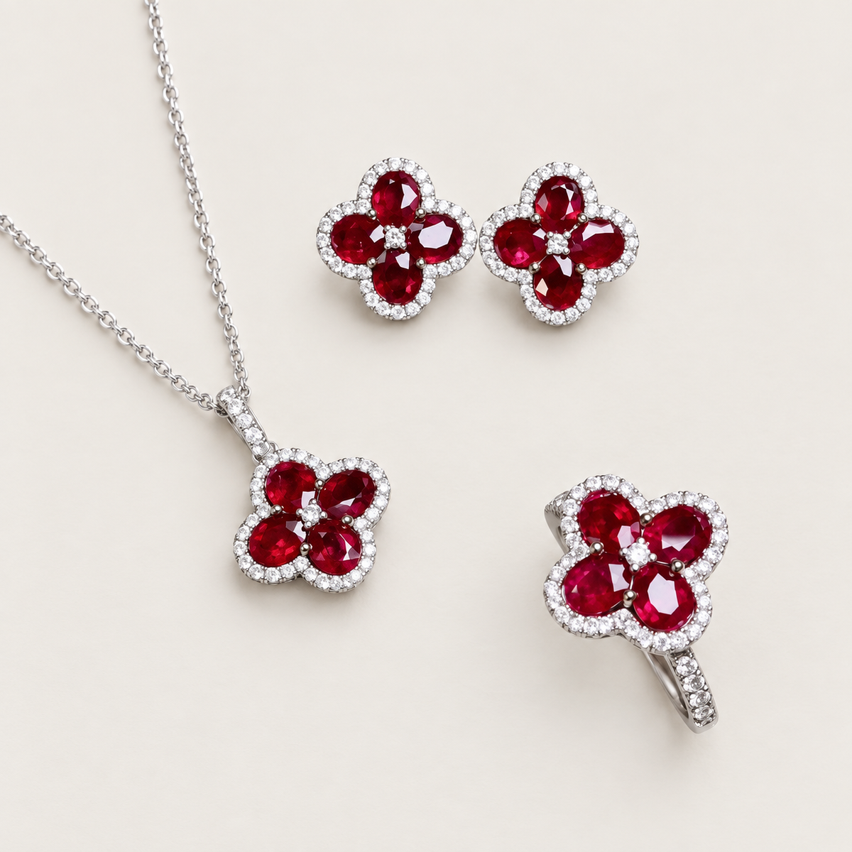 Lucky Clover Ruby & Diamond Jewelry Set
