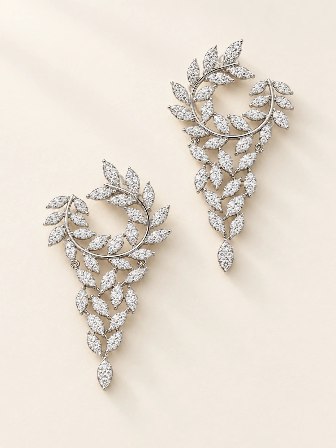3 Carat Nature Inspired Leaf Drop Diamond Earrings in 18k White Gold